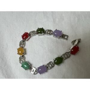Vintage Natural Stone Jade Bracelet Metal 6” Long Colorful